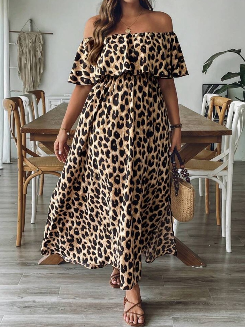 Off-Shoulder Leopard Print Maxi Dress